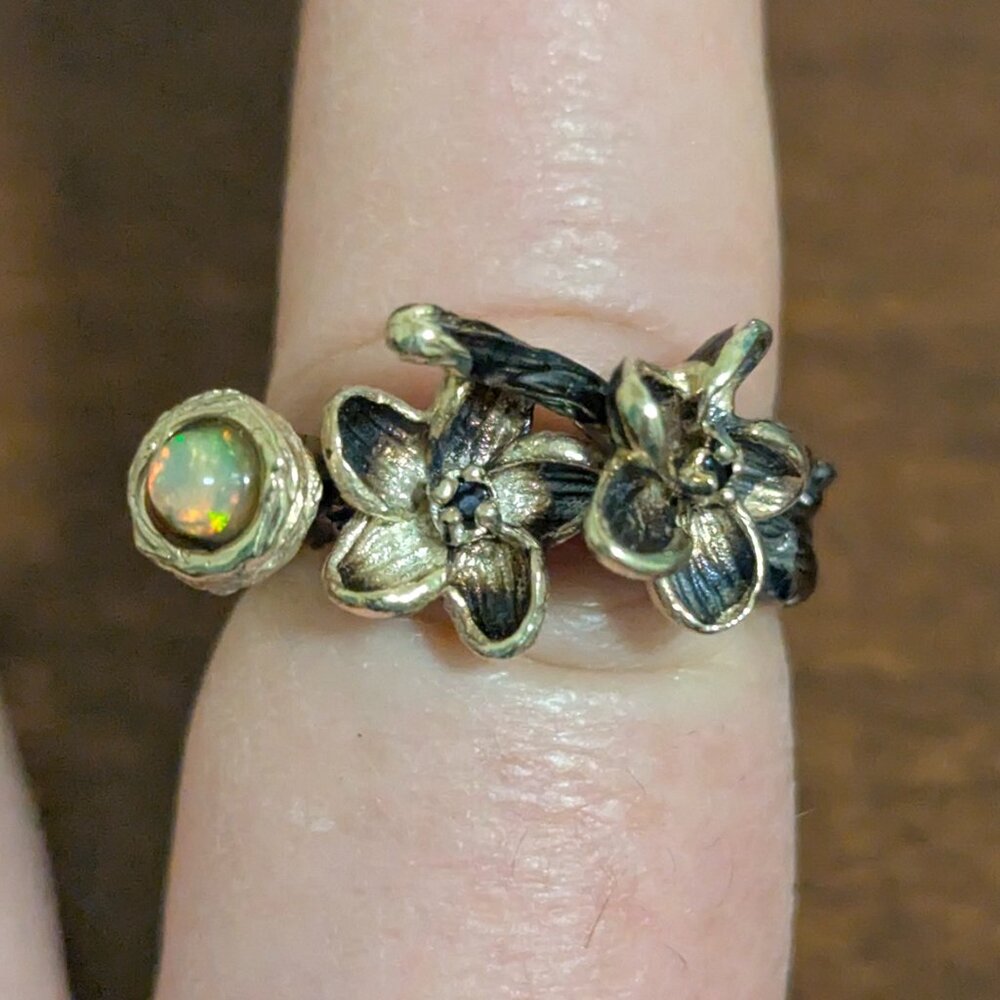 Floral Opal Accented Sterling Ring - Gold Tone